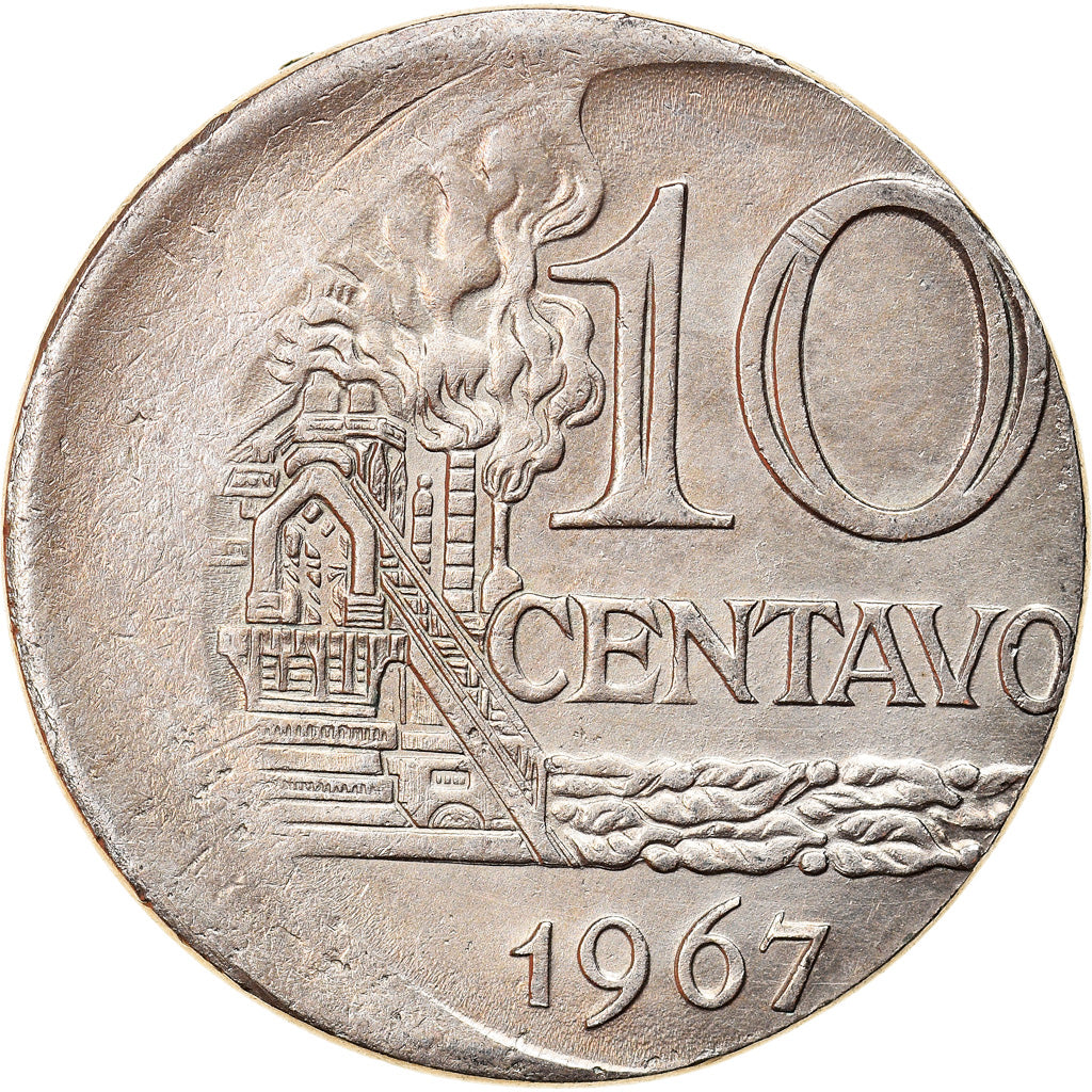 Coin, Brazil, 10 Centavos, 1967, error off center strike, EF(40-45)