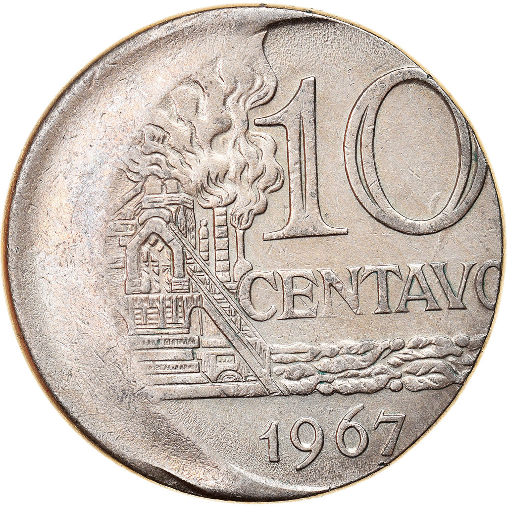 Moneda, Brasil, 10 Centavos, 1967, error off center strike, MBC, Cobre -