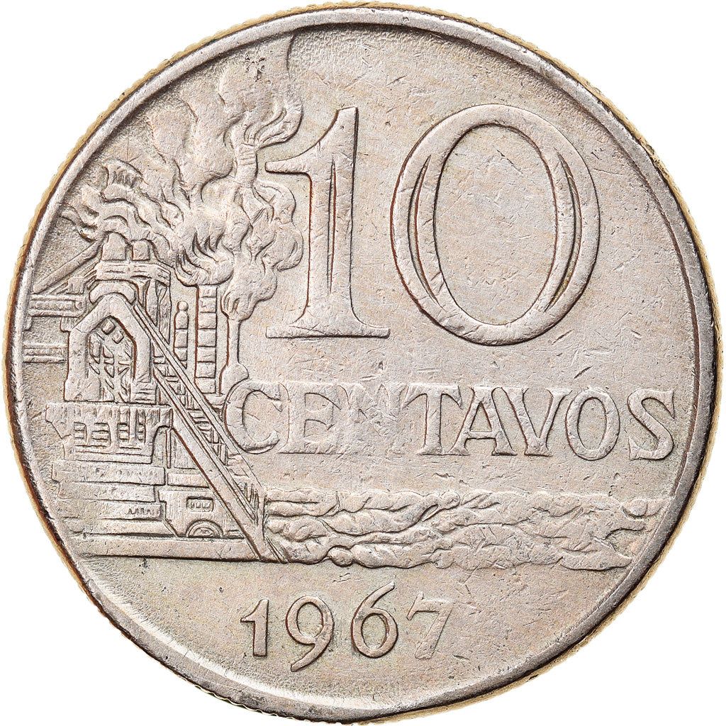 Moneda, Brasil, 10 Centavos, 1967, error partial brockage, MBC, Cobre - níquel