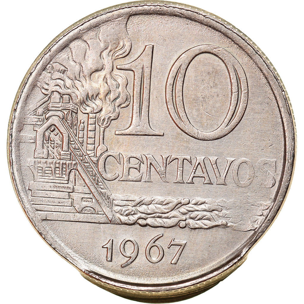 Munten, Brazilië, 10 Centavos, 1967, error partial brockage, ZF+