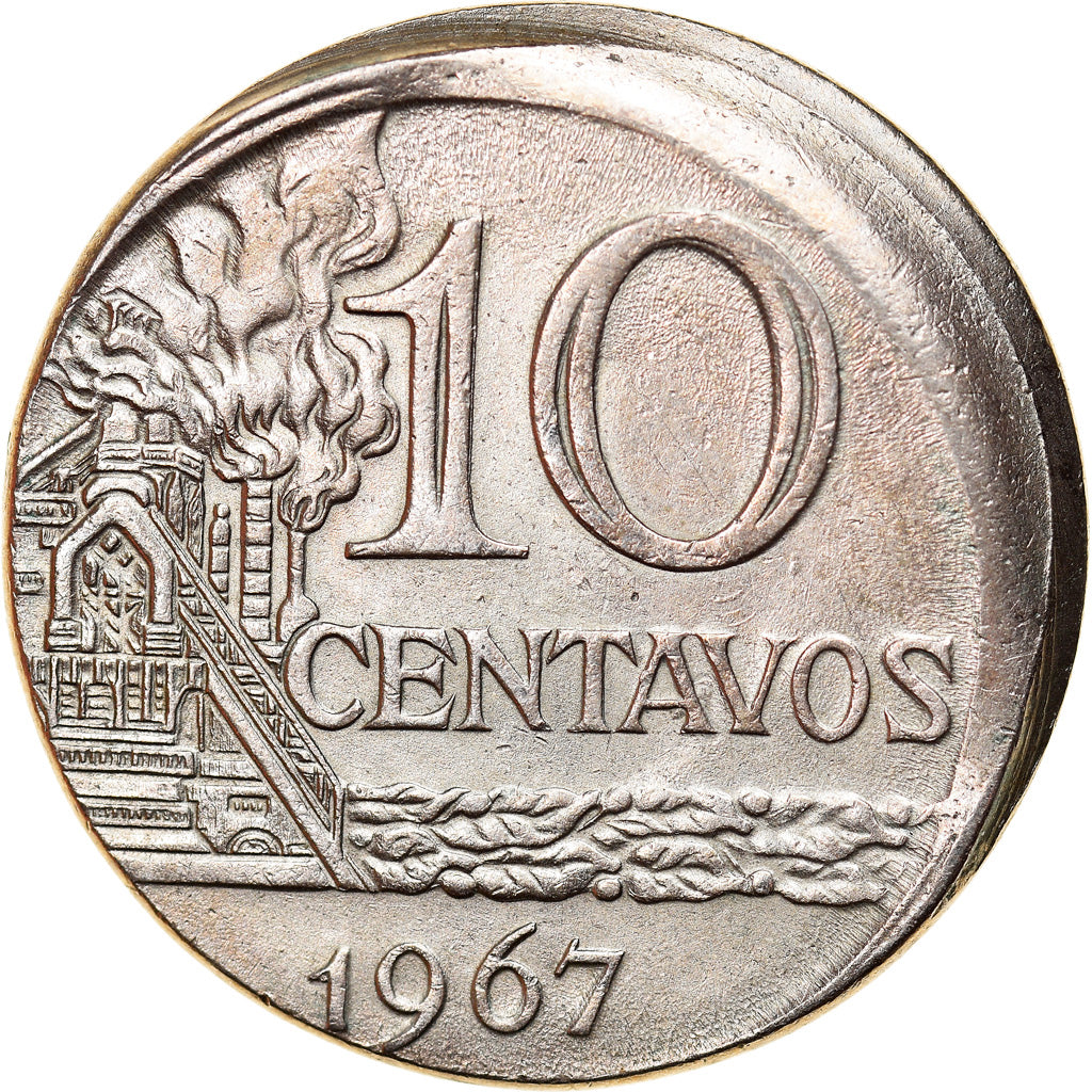 Moneda, Brasil, 10 Centavos, 1967, cupped off center strike error, MBC, Cobre -