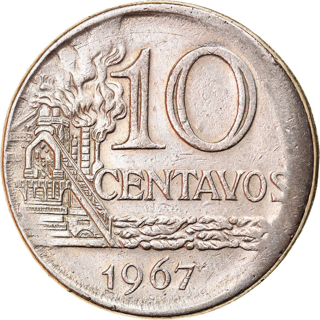 Moneda, Brasil, 10 Centavos, 1967, cupped off center strike error, MBC, Cobre -