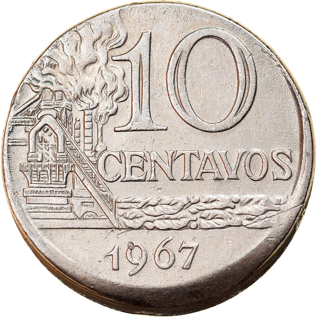 Moeda, Brasil, 10 Centavos, 1967, cupped off center strike error, EF(40-45)