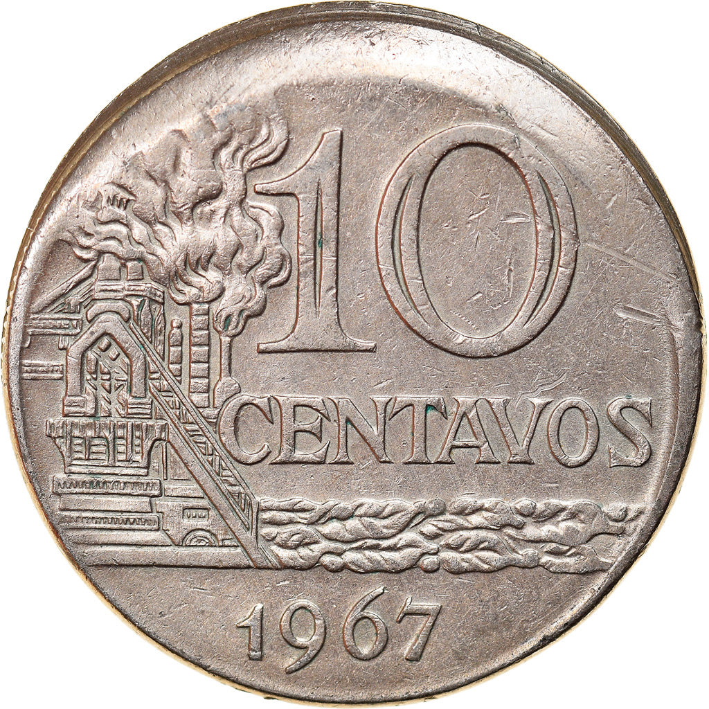 Moeda, Brasil, 10 Centavos, 1967, cupped off center strike error, EF(40-45)
