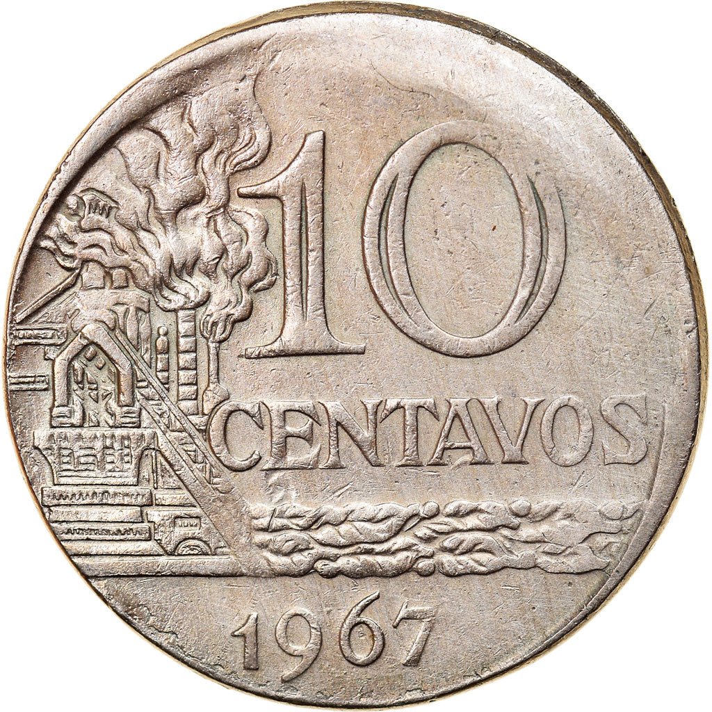 Monnaie, Brésil, 10 Centavos, 1967, cupped off center strike error, TTB