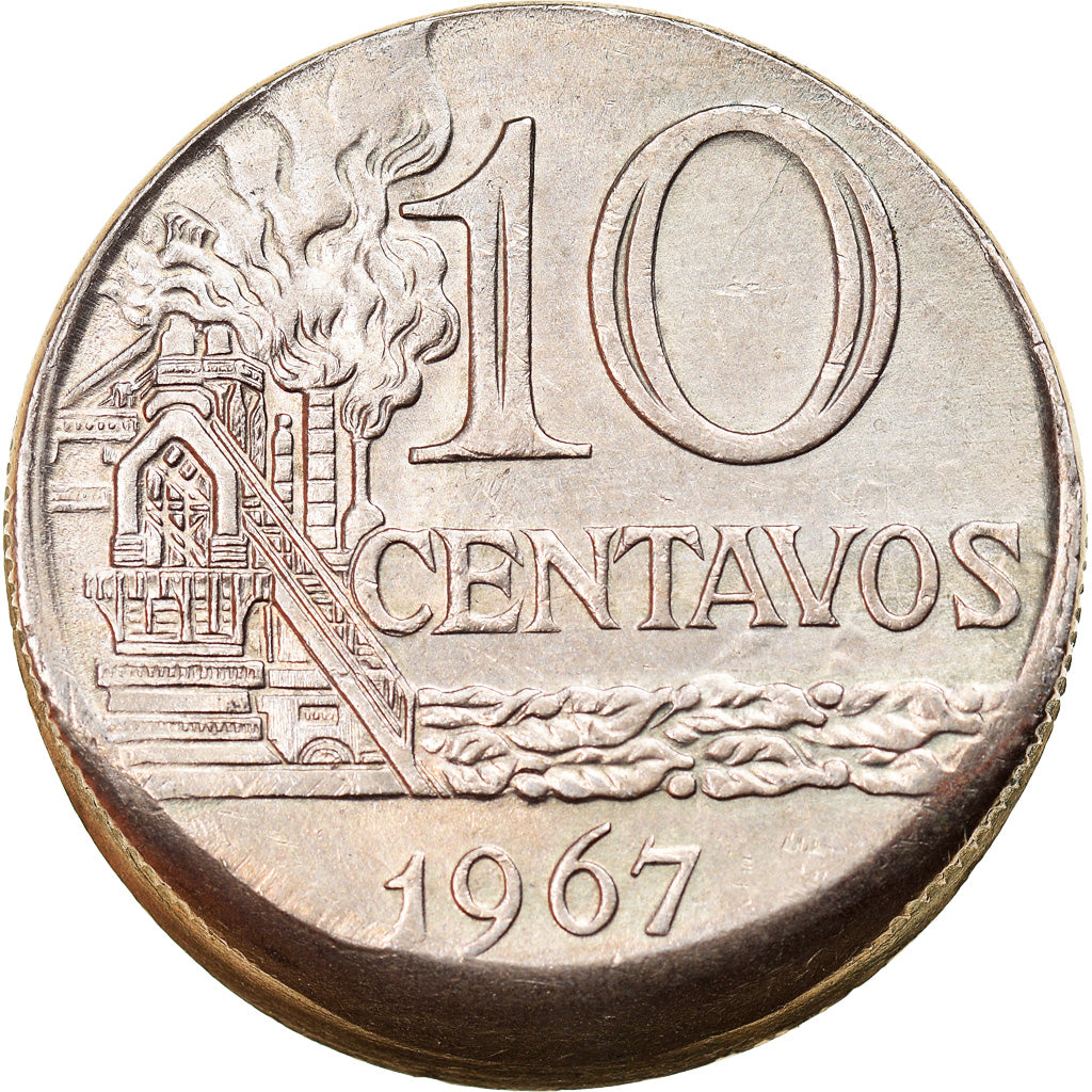 Moneta, Brasile, 10 Centavos, 1967, cupped off center strike error, BB+