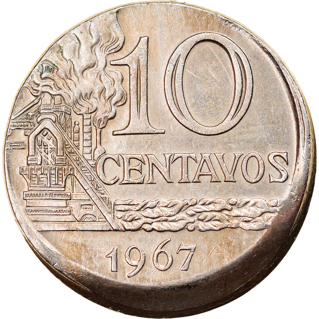 Moneda, Brasil, 10 Centavos, 1967, cupped off center strike error, MBC+, Cobre -