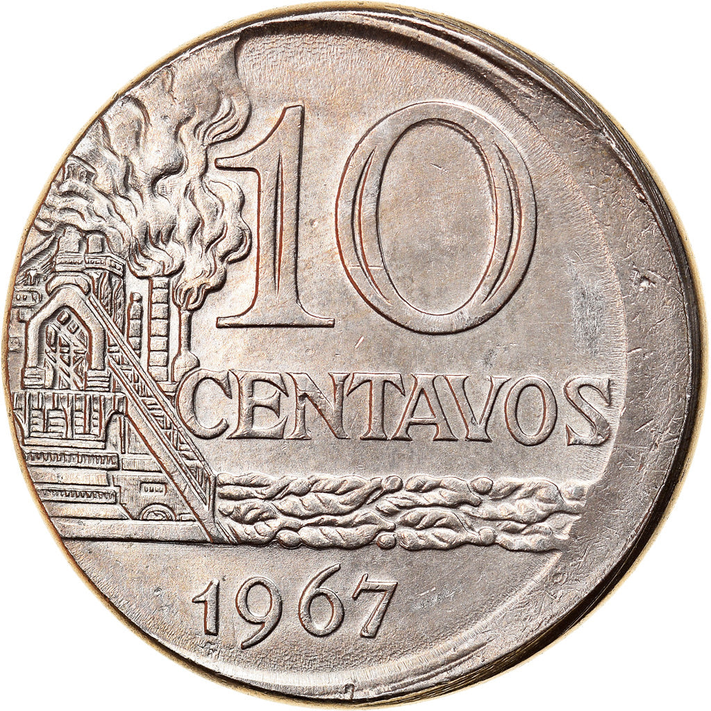 Moneda, Brasil, 10 Centavos, 1967, error off center strike, MBC+, Cobre -