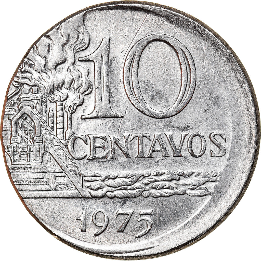 Monnaie, Brésil, 10 Centavos, 1975, error off center strike, TTB, Stainless