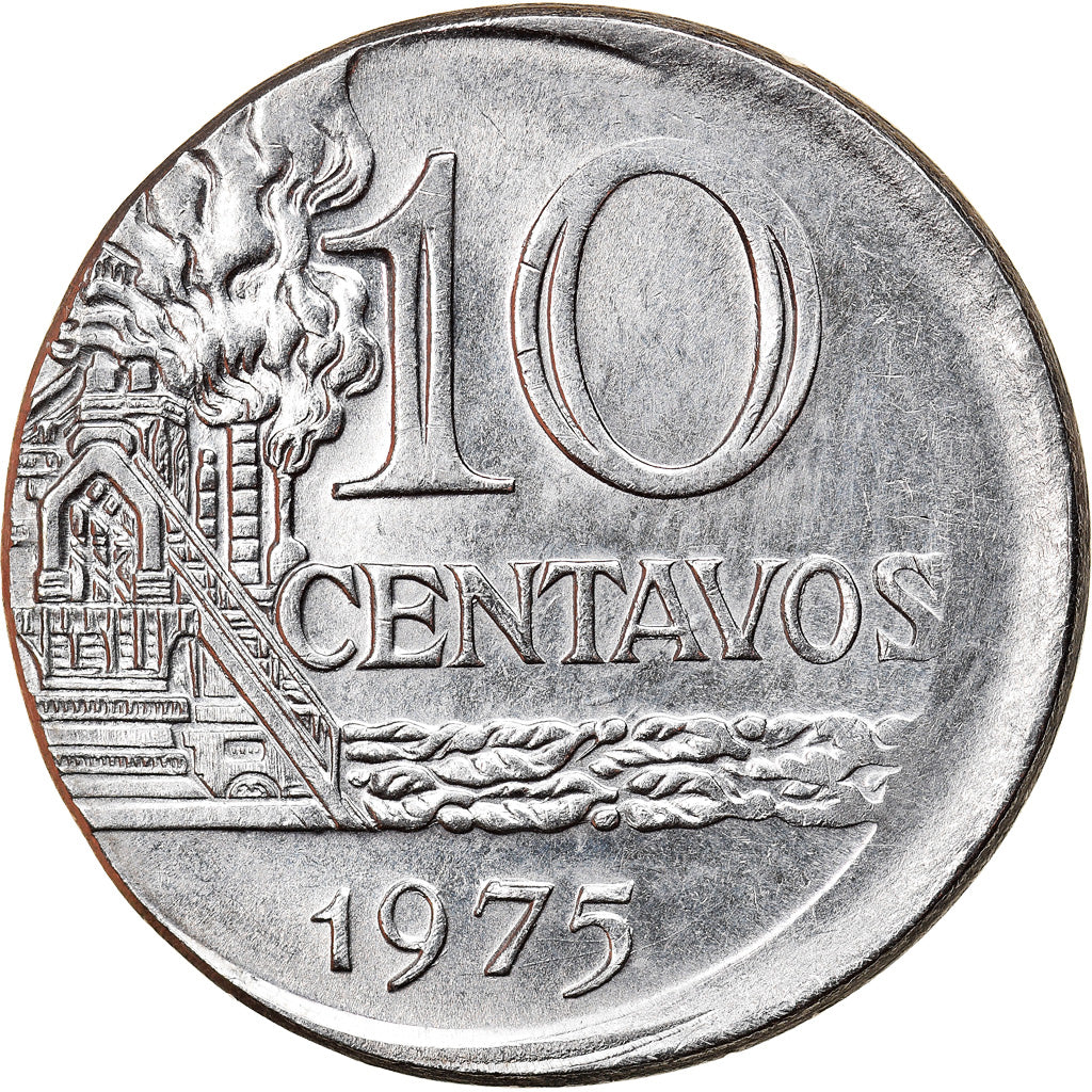 Moneta, Brasile, 10 Centavos, 1975, error off center strike, SPL-, Acciaio