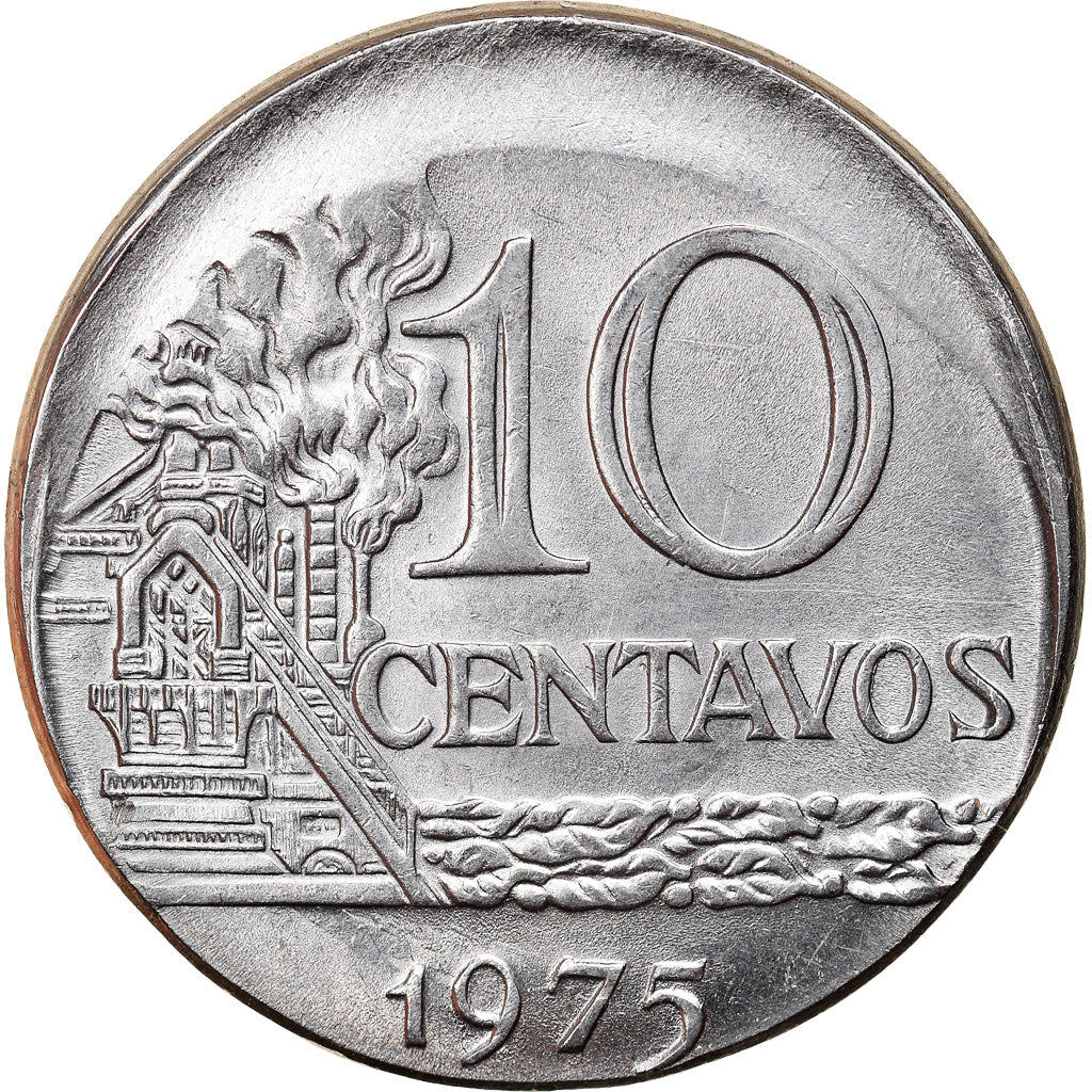 Moneda, Brasil, 10 Centavos, 1975, error off center strike, EBC, Acero
