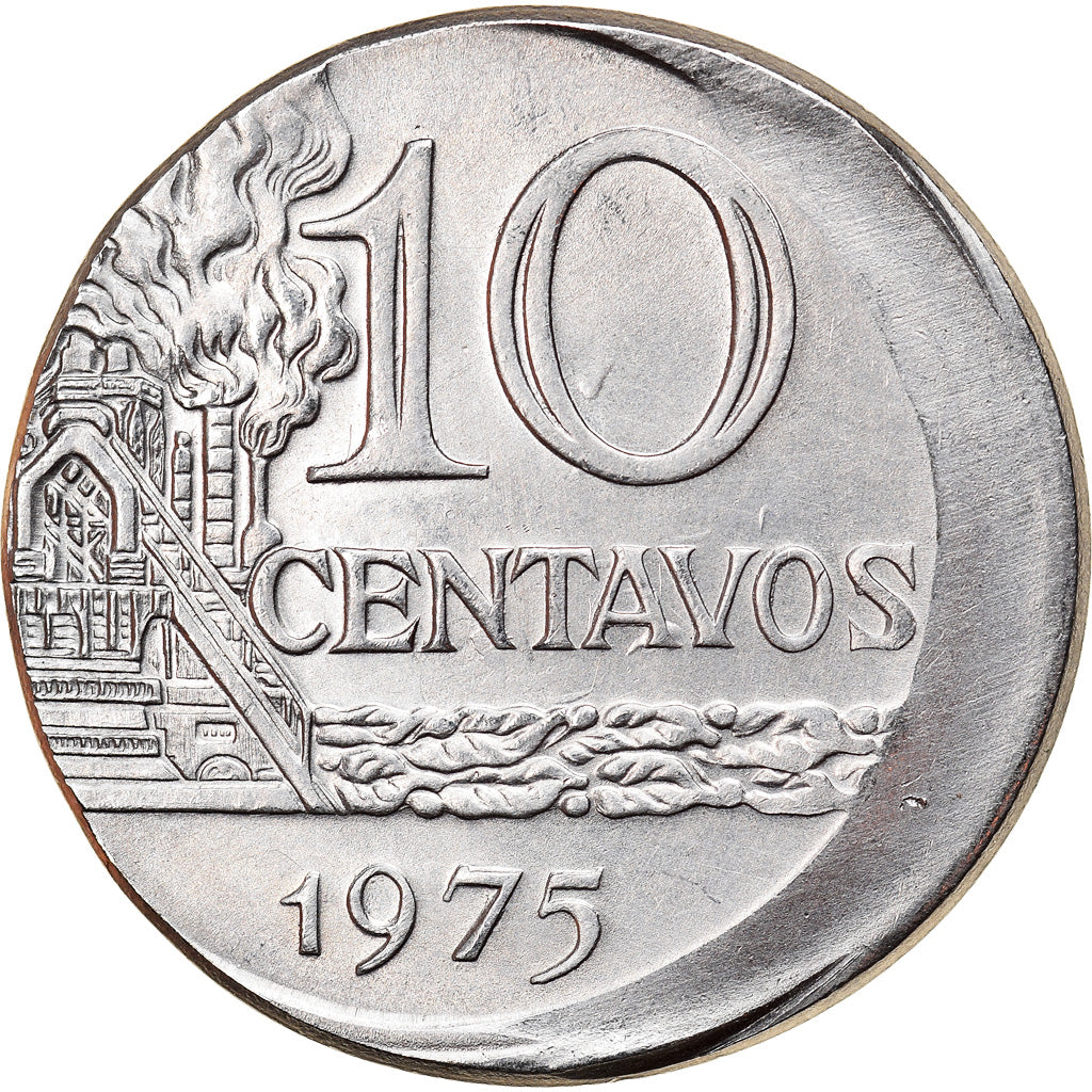 Munten, Brazilië, 10 Centavos, 1975, error off center strike, PR, Stainless