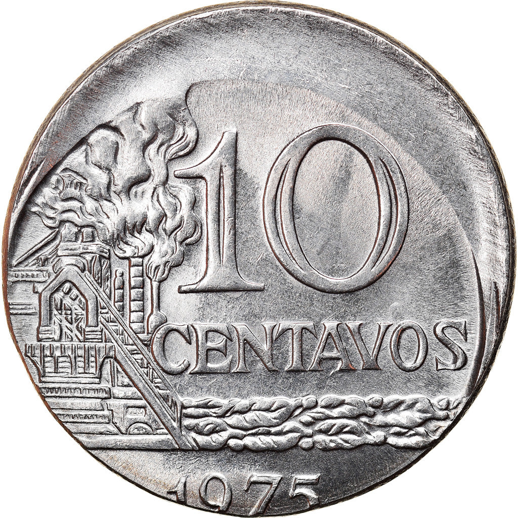 Moneda, Brasil, 10 Centavos, 1975, error off center strike, EBC, Acero