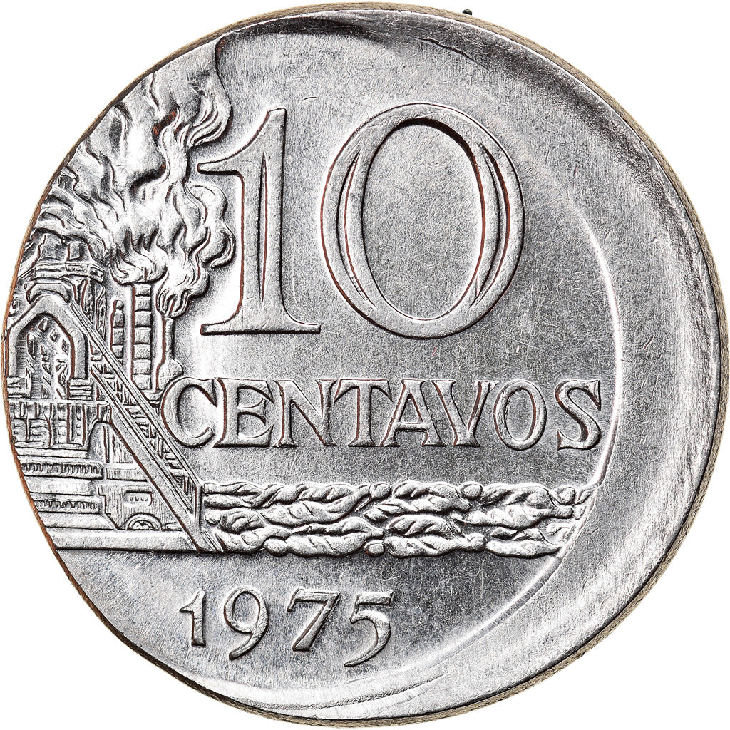 Munten, Brazilië, 10 Centavos, 1975, error off center strike, PR, Stainless