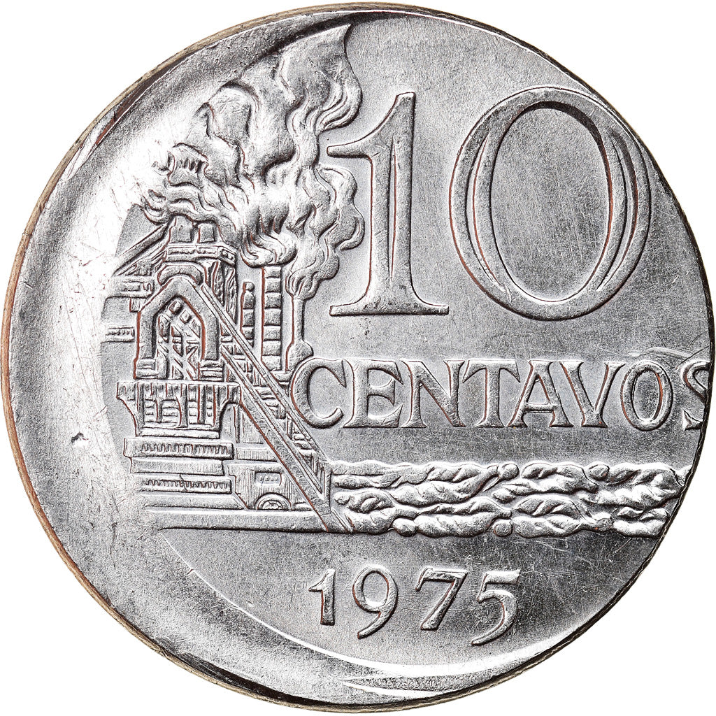 Moneda, Brasil, 10 Centavos, 1975, error off center strike, EBC, Acero