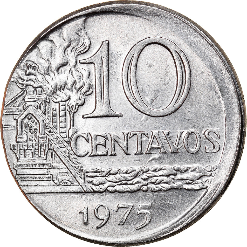 Moneda, Brasil, 10 Centavos, 1975, error off center strike, EBC, Acero