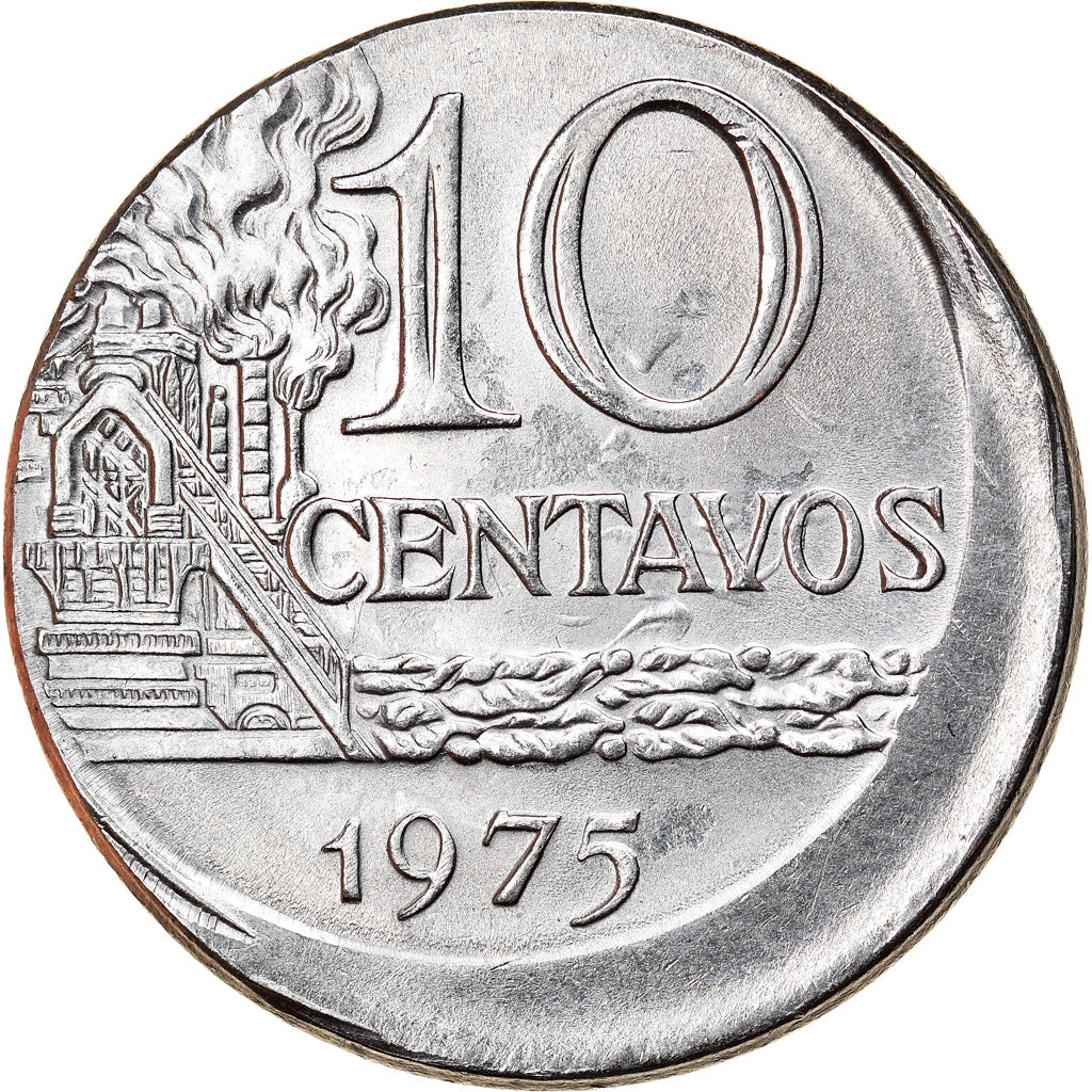 Coin, Brazil, 10 Centavos, 1975, error off center strike, AU(55-58), Stainless