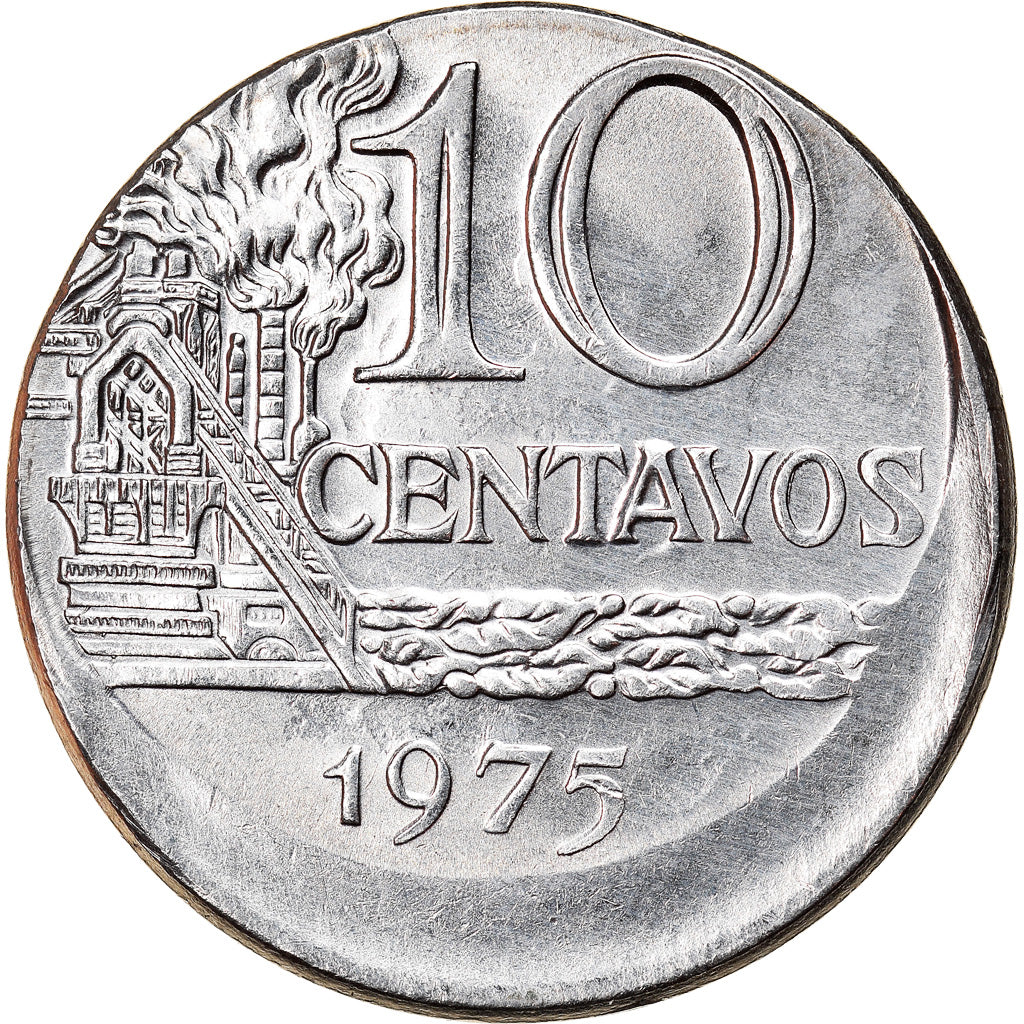 Moneda, Brasil, 10 Centavos, 1975, error off center strike, EBC, Acero