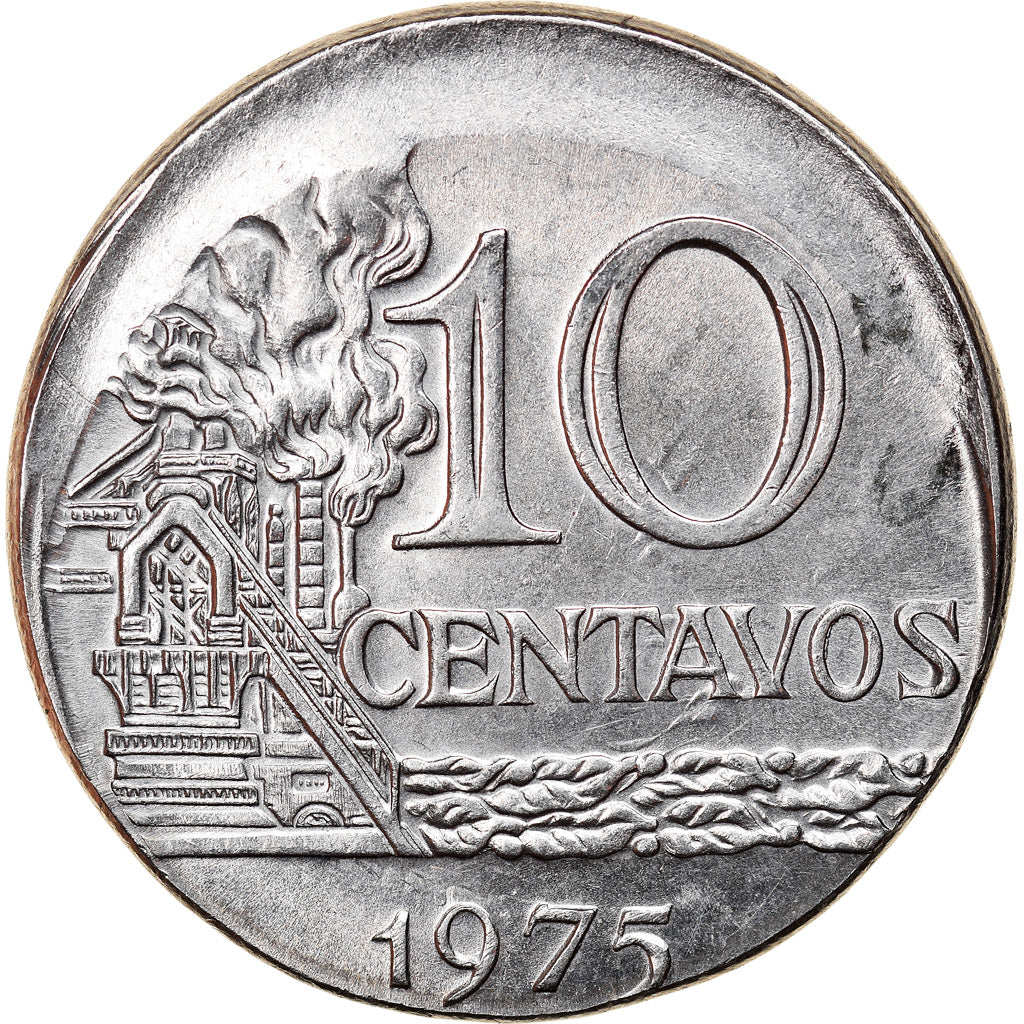 Moneda, Brasil, 10 Centavos, 1975, error off center strike, EBC, Acero