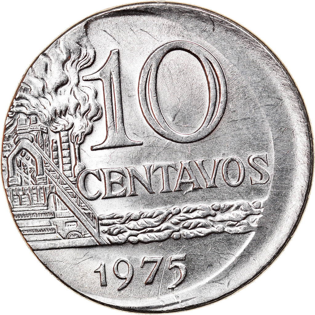Moneda, Brasil, 10 Centavos, 1975, error off center strike, EBC, Acero