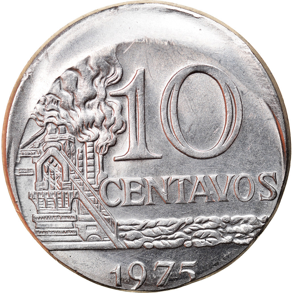 Munten, Brazilië, 10 Centavos, 1975, error off center strike, PR, Stainless