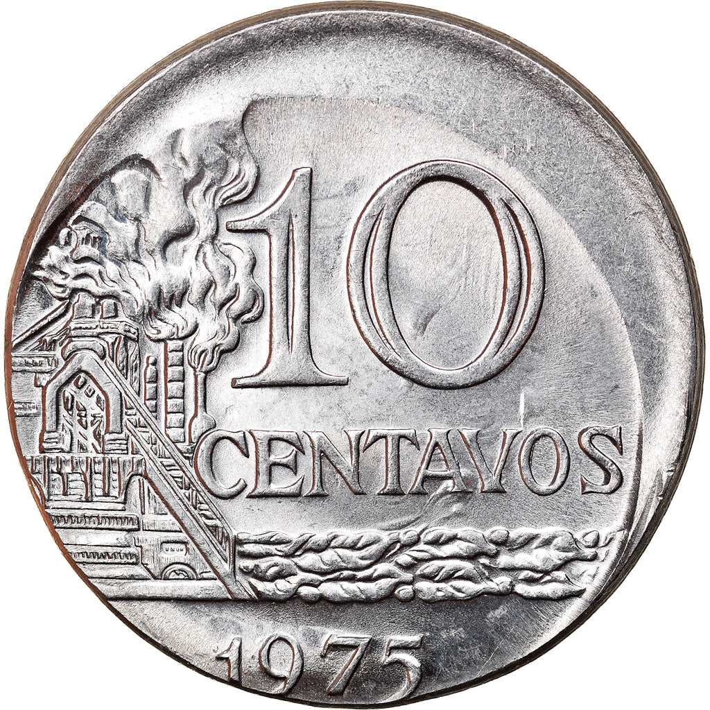 Moneda, Brasil, 10 Centavos, 1975, error off center strike, EBC, Acero