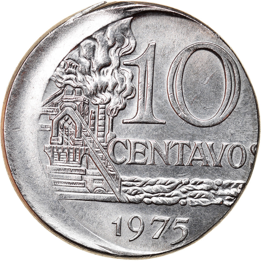 Monnaie, Brésil, 10 Centavos, 1975, error off center strike, SUP, Stainless
