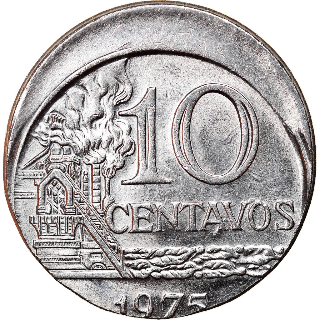 Moneda, Brasil, 10 Centavos, 1975, error off center strike, EBC, Acero