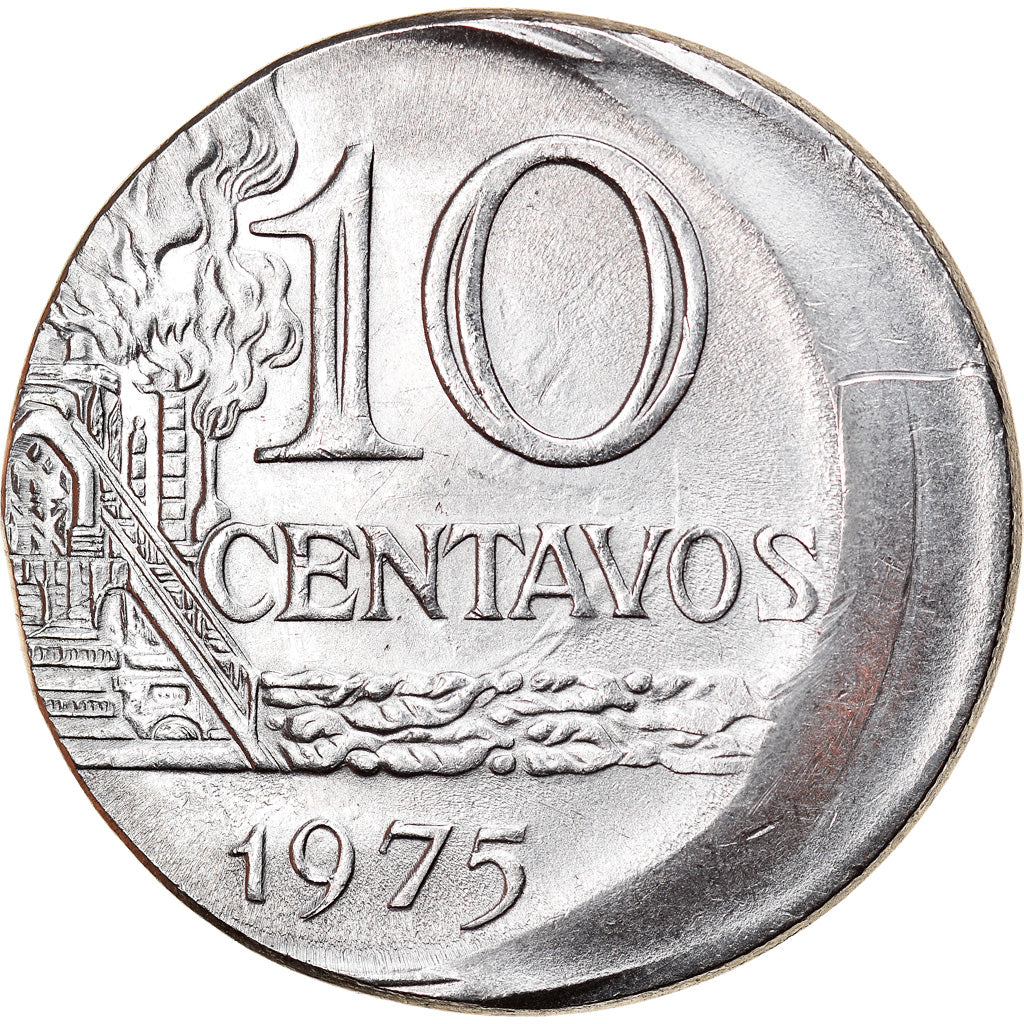 Moneda, Brasil, 10 Centavos, 1975, error off center strike, EBC, Acero
