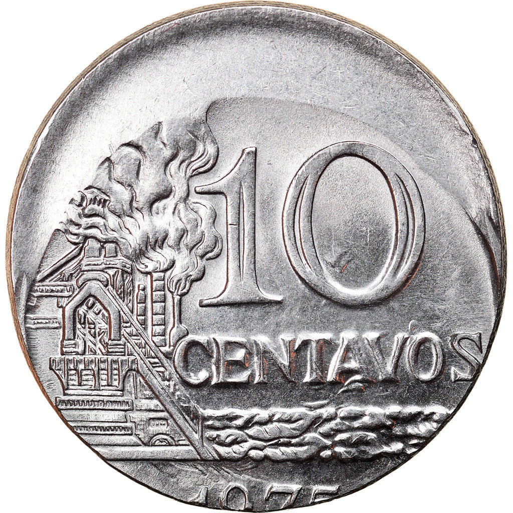 Moneda, Brasil, 10 Centavos, 1975, error off center strike, EBC, Acero