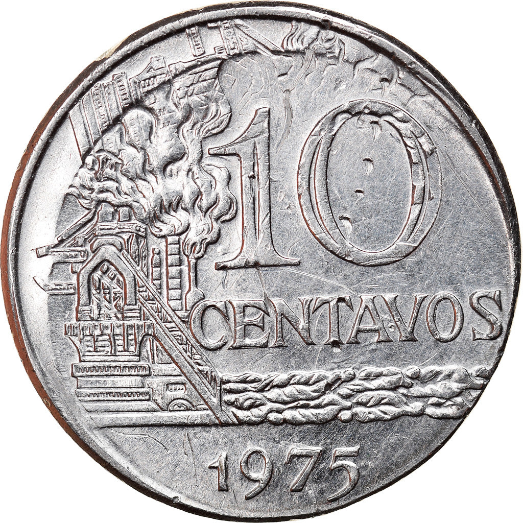 Moneda, Brasil, 10 Centavos, 1975, Double struck, MBC+, Acero inoxidable