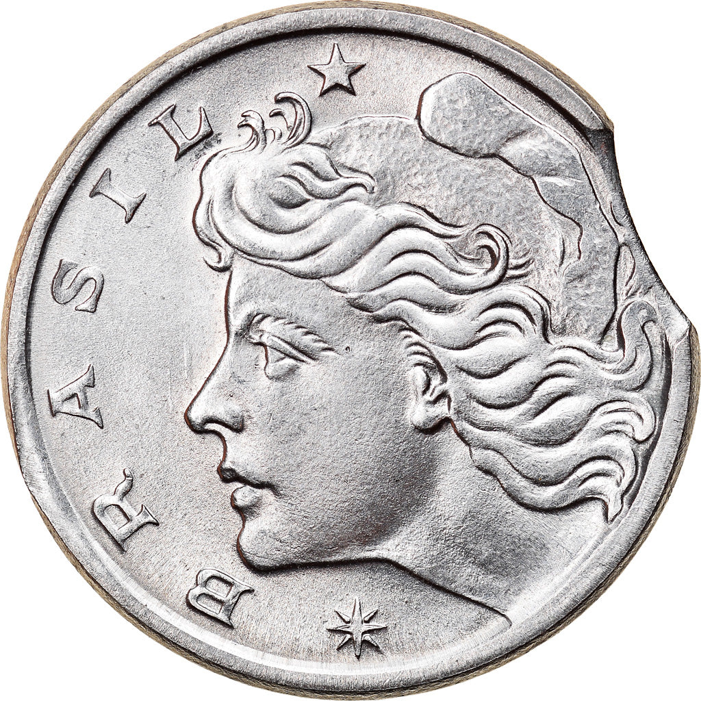 Munten, Brazilië, 10 Centavos, 1975, error clipped planchet, PR, Stainless