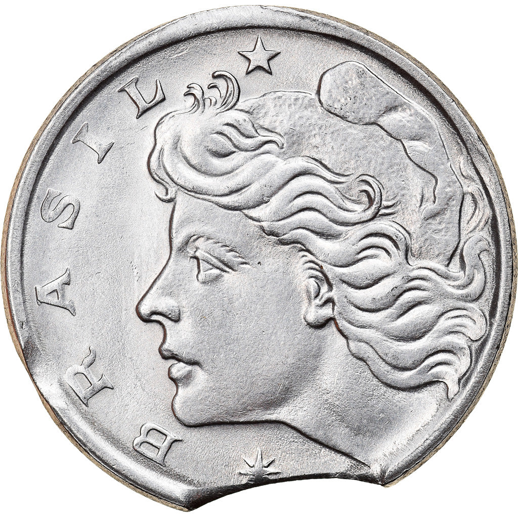 Moneda, Brasil, 10 Centavos, 1975, error double clip, EBC, Acero inoxidable