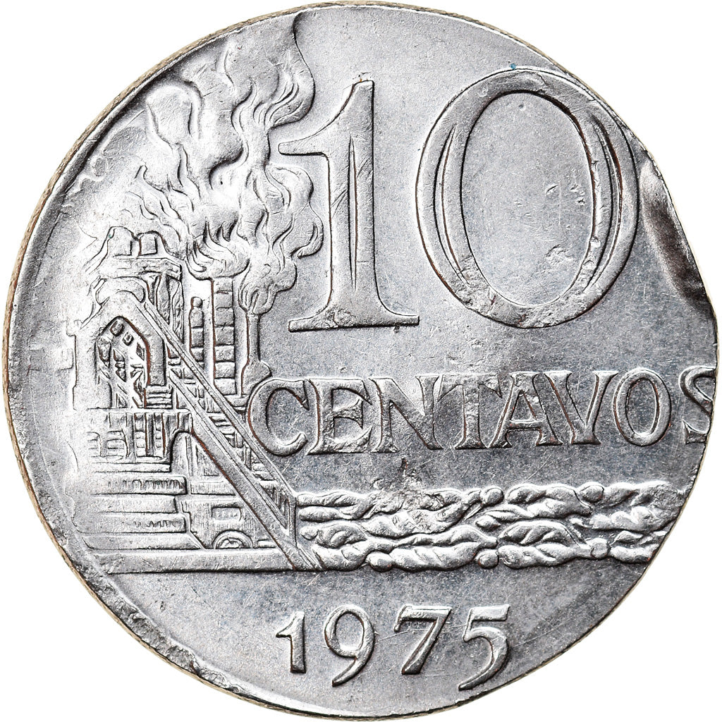 Moneta, Brazylia, 10 Centavos, 1975, planchet error, EF(40-45), Stal nierdzewna