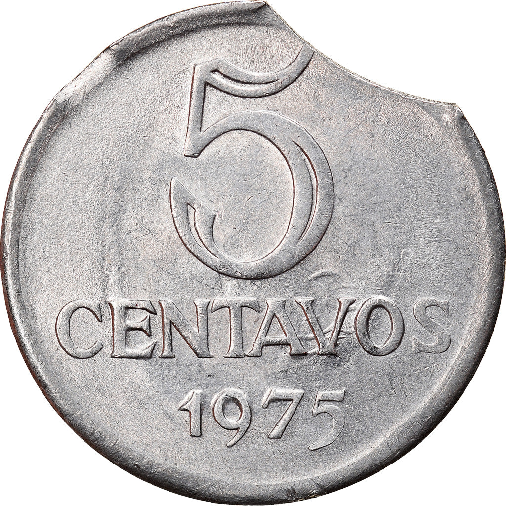 Moneda, Brasil, 5 Centavos, 1975, error double clip, EBC, Acero inoxidable