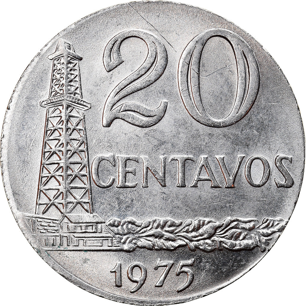 Moneda, Brasil, 20 Centavos, 1975, planchet error, MBC+, Acero inoxidable