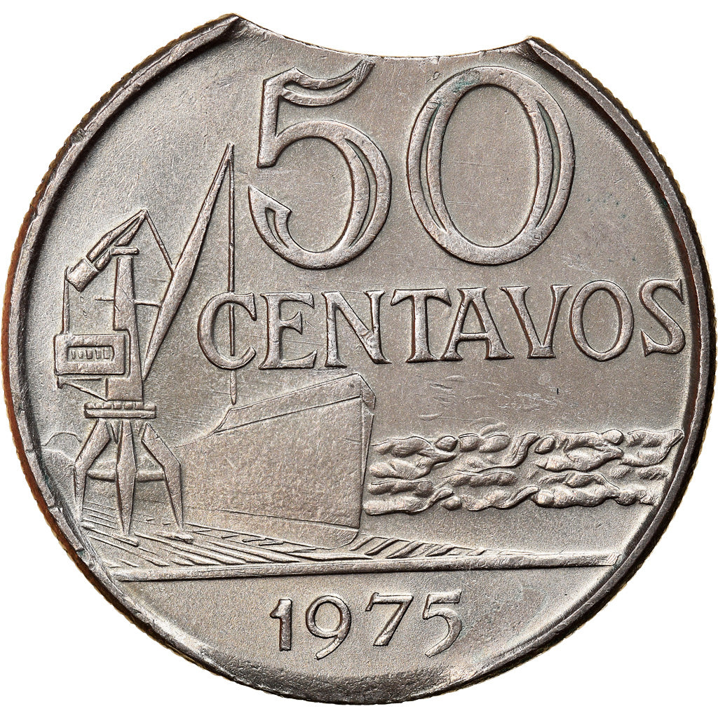 Moneda, Brasil, 50 Centavos, 1975, error clipped planchet, MBC+, Acero