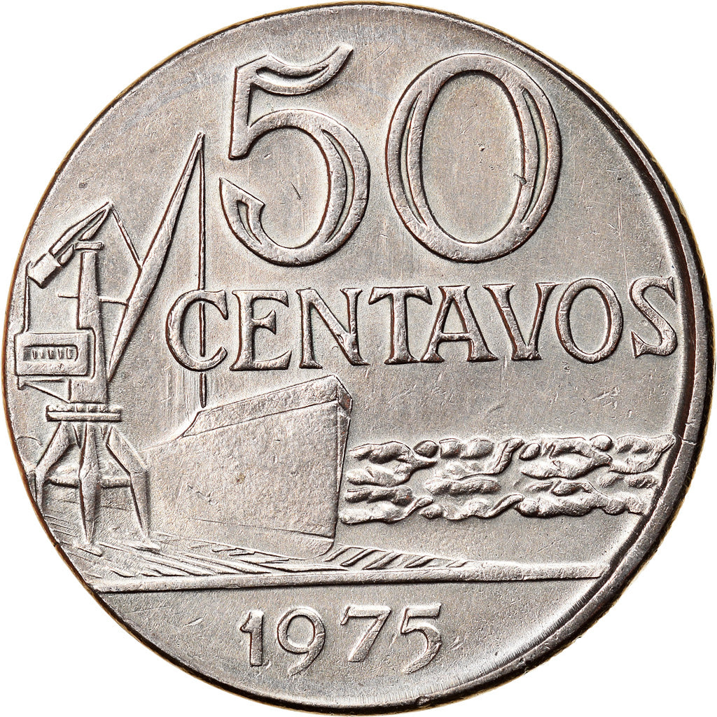 Moneda, Brasil, 50 Centavos, 1975, planchet error, MBC+, Acero inoxidable