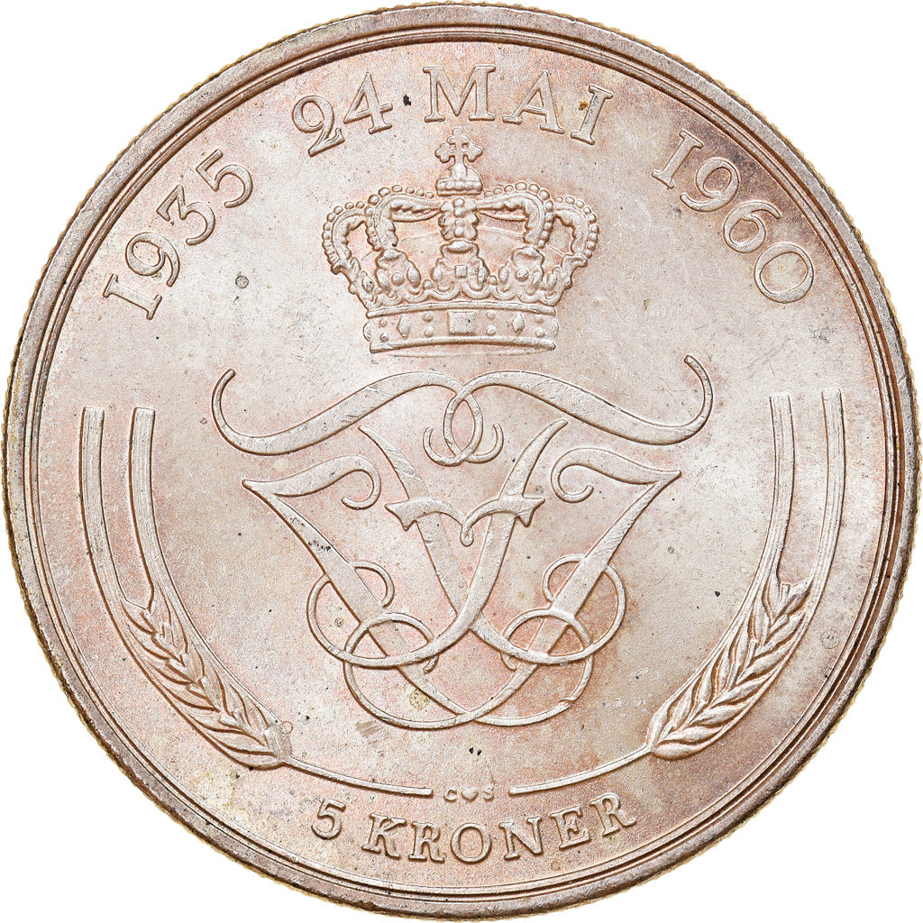 Moeda, Dinamarca, Frederik IX, 5 Kroner, 1960, Copenhagen, MS(63), Prata, KM:852