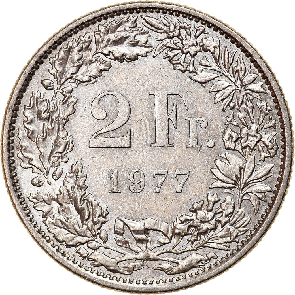 Moeda, Suíça, 2 Francs, 1977, Bern, AU(55-58), Cobre-níquel, KM:21a.1