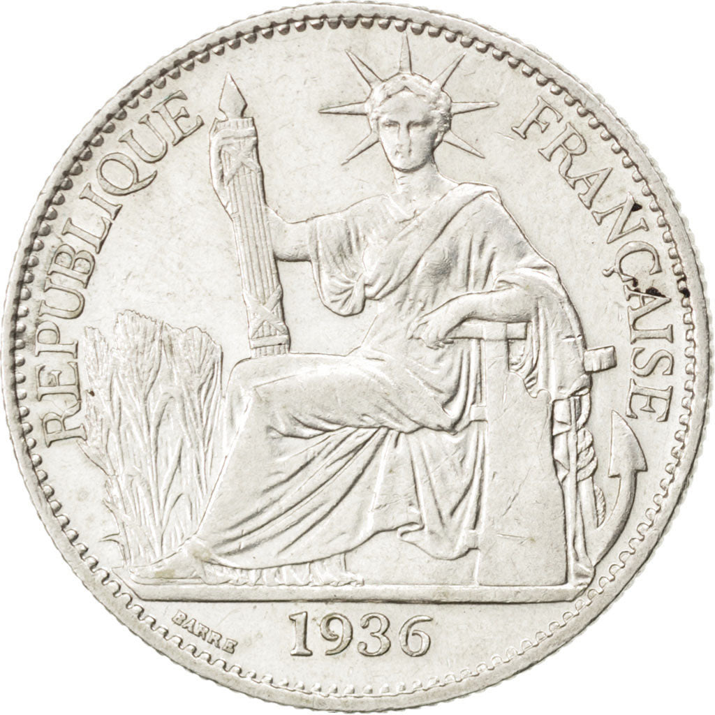 FRENCH INDO-CHINA, 50 Cents, 1936, Paris, KM #4a.2, AU(55-58), Silver, Lecompte.