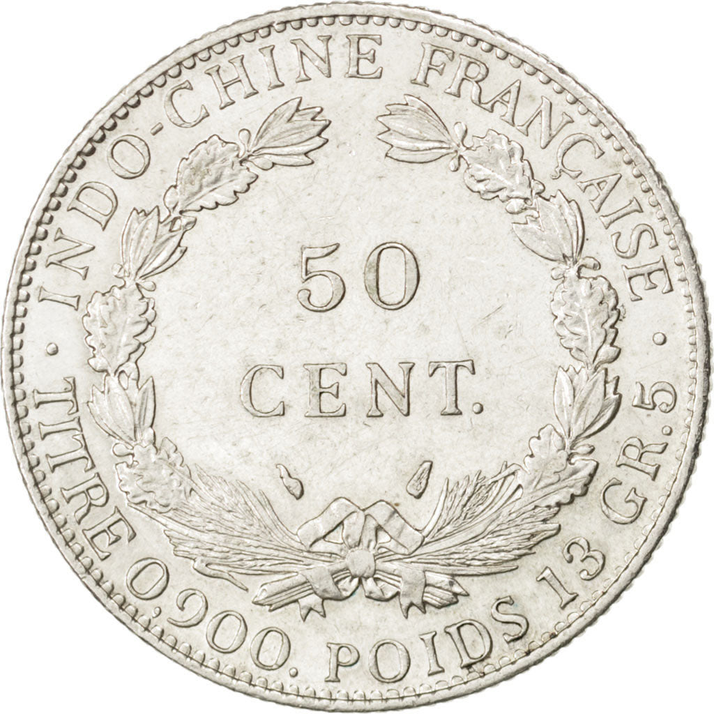 FRENCH INDO-CHINA, 50 Cents, 1936, Paris, KM #4a.2, AU(55-58), Silver, Lecompte.