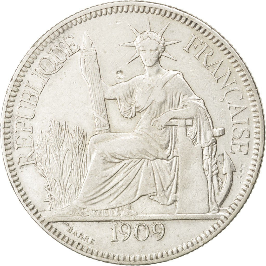 FRENCH INDO-CHINA, Piastre, 1909, Paris, KM #5a.1, VF(20-25), Silver, Lecompte..