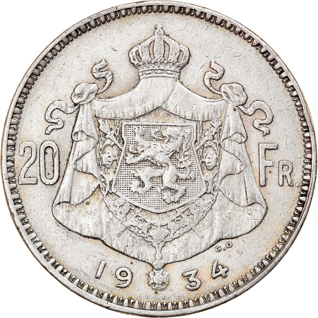 Coin, Belgium, 20 Francs, 20 Frank, 1934, EF(40-45), Silver, KM:104.1