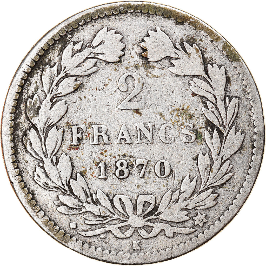 Moneta, Francia, Cérès, 2 Francs, 1870, Bordeaux, MB, Argento, KM:816.2