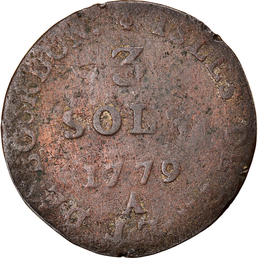 Moneta, ISLE DE BOURBON, Louis XVI, 3 Sous, 1779, Paris, MB, Biglione, KM:1