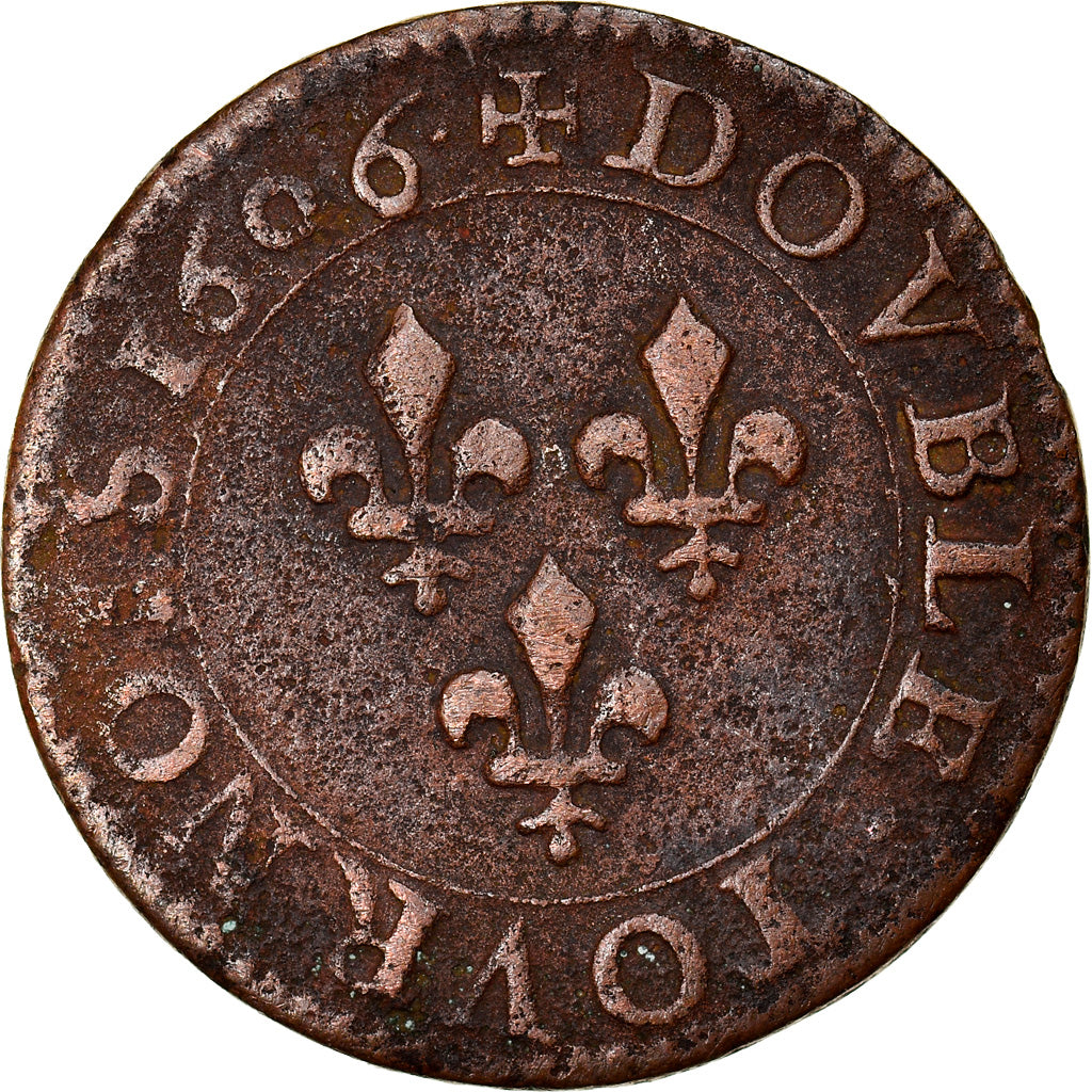 Monnaie, France, Double Tournois, 1606, Paris, TB, Cuivre, Sombart:4184