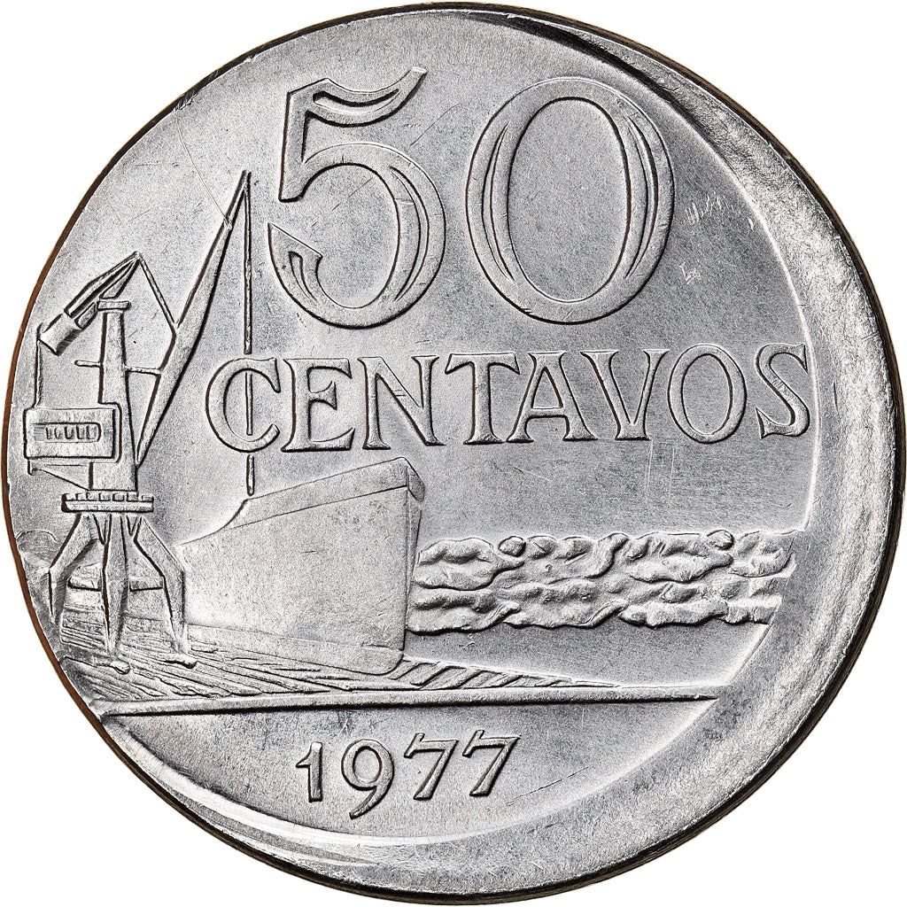 Moeda, Brasil, 50 Centavos, 1977, error off center strike, AU(55-58), Aço