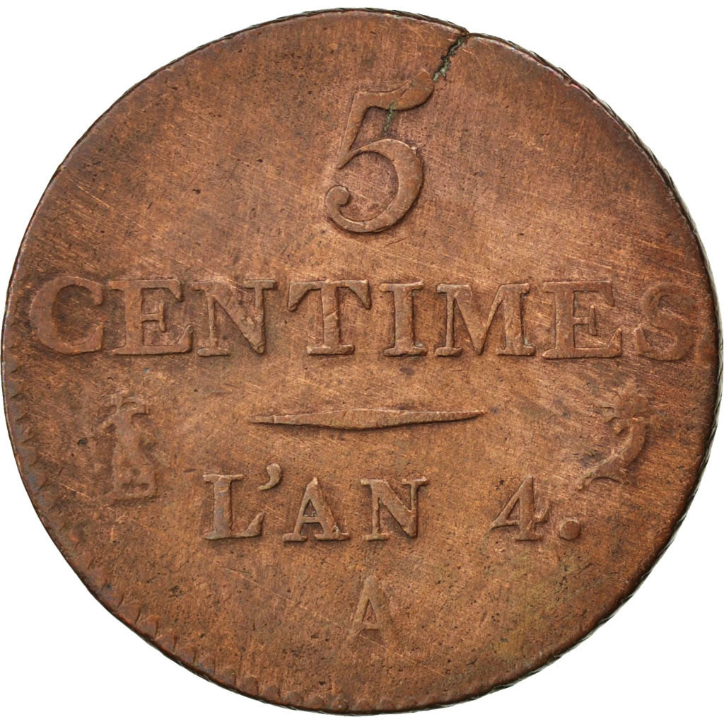 FRANCE, Dupré, 5 Centimes, 1796, Paris, KM #635.1, VF(30-35), Bronze, 23, Gadour