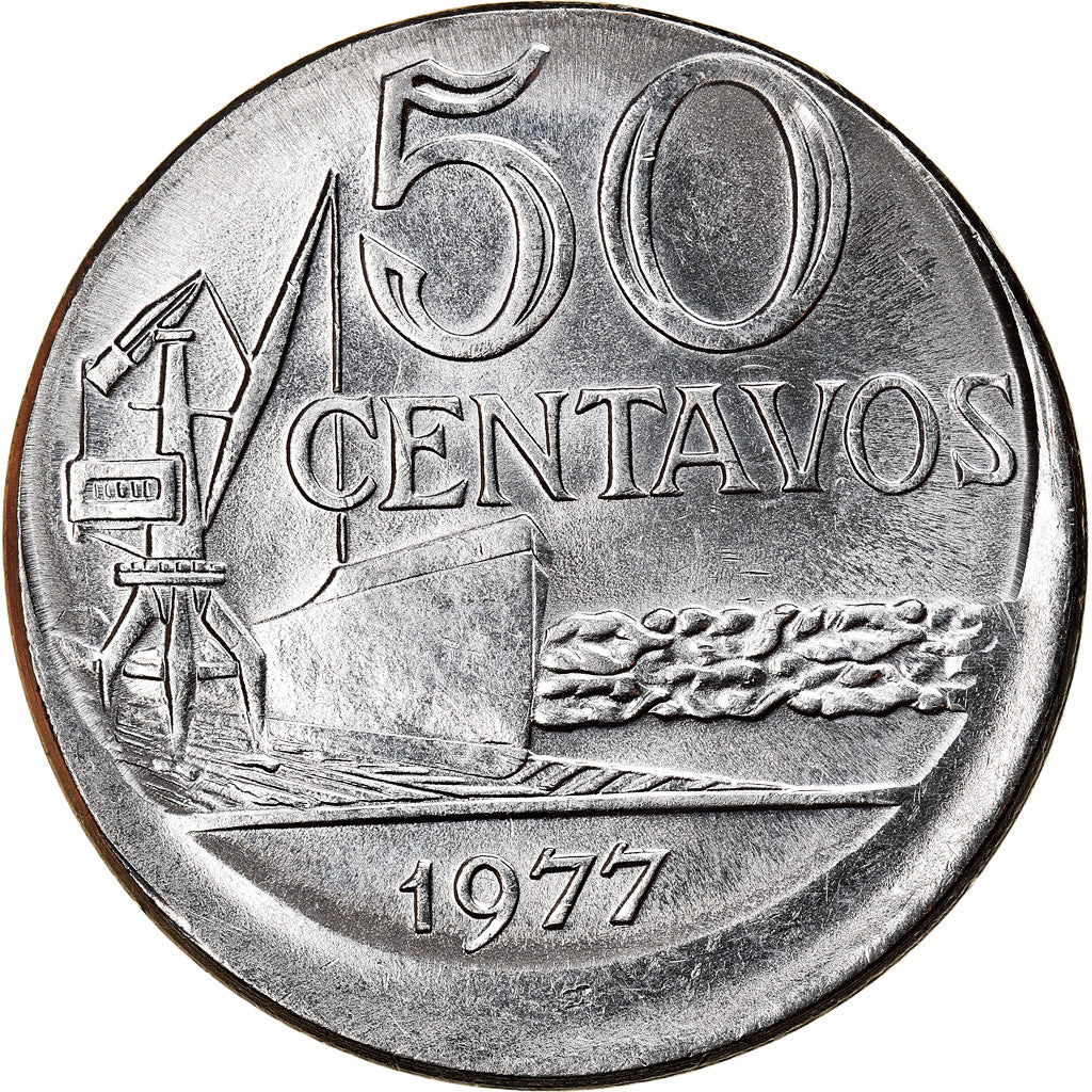 Coin, Brazil, 50 Centavos, 1977, error off center strike, AU(55-58), Stainless